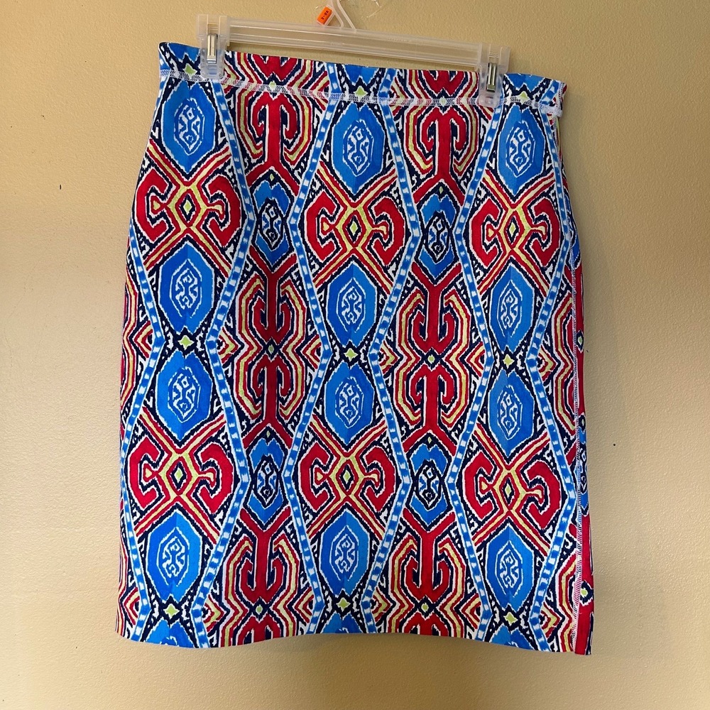 J.McLaughlin Pencil Skirt Colorful Geometric Print Blue Red Yellow Sz M‎